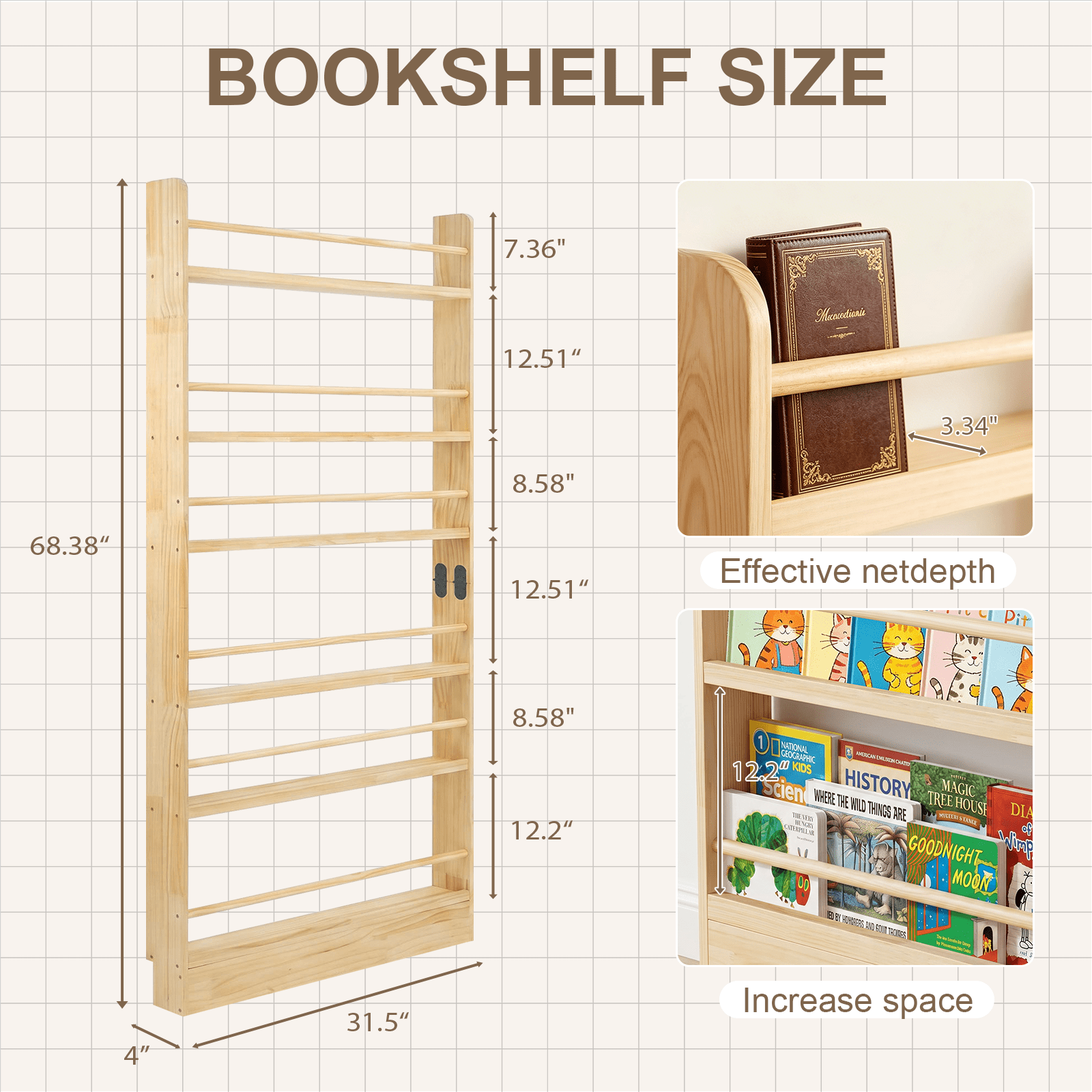 6 Tier Behind The Door Bookshelf, Wooden Kids Bookshelf with Open Storage, Wall Mount Shelve & Space-Saving, Solid Wood Bookshelf for Bedroom, Living Room, Playroom (Natural Wood)