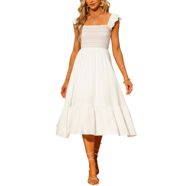 Vestido midi bohemio de tirantes con volantes y escote cuadrado para mujer INSPIRE CHIC, color blanco, talla 3XL