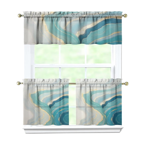 Blue-green Marble Pattern Kitchen Curtains and Valances Set-3 Piece Kitchen Curtains Sets with Valance for Windows Rod Pocket Machine Washable Kitchen Decor(54"x18" 2x27.5"x24")