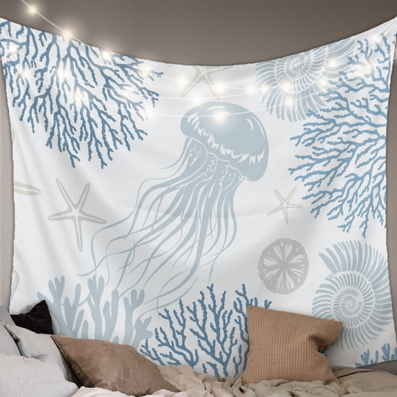 Light Blue Coastal Tapestry for Bedroom Wall Hanging Tapestry, Coral Jellyfish Starfish Ocean Nautical Ceiling Backdrop Tapestries Poster Blanket Wall Decor for Teens Room Living Room Dorm 59" x 79"