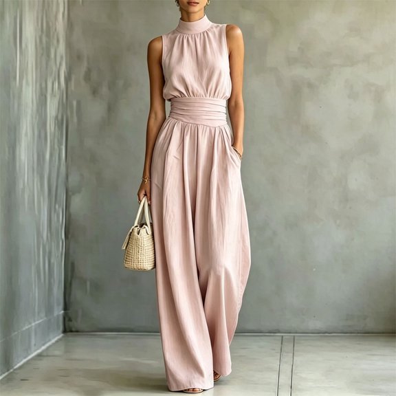 Morttic Women's Sleeveless High Neck Wide Leg Jumpsuit – High Waist Pleated Romper with Side Pockets Vacation Outfit Pink,S