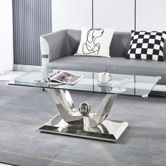Modern 47" Rectangular Glass Coffee Table, Tempered Glass Top and Mirrored Stainless Steel Base, for Living Room and Office