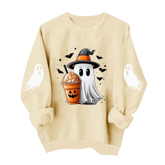 Halloween Sweatshirts Women Ghost Pumpkin Graphic Pullover Fall Spooky Funny Tops Crew Neck Long Sleeve Shirt