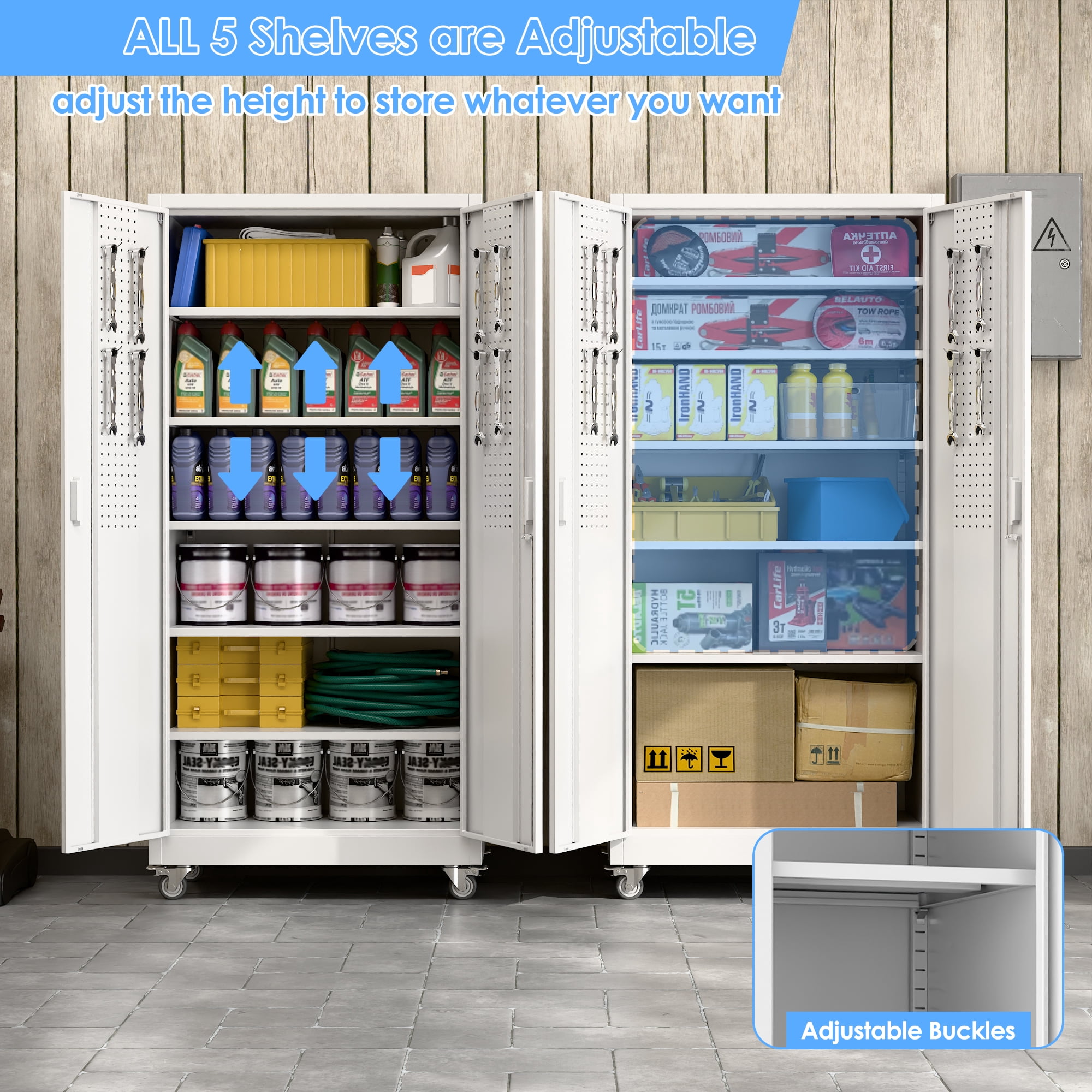 HUAXRON Metal Storage Garage Cabinet with Wheels, Office Cabinet with Storage Shelves and Double Doors, for Garage and Utility Room, Home Office, Assemble Required , White