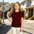 thumbnail image 4 of ZUKMRJPC Girls Plaid Puff Short Sleeve Shirts Casual Fashion Crew Neck Tunic Tops Kids Summer Trendy Checkered Tee Blouses 4-15 Years, 4 of 7
