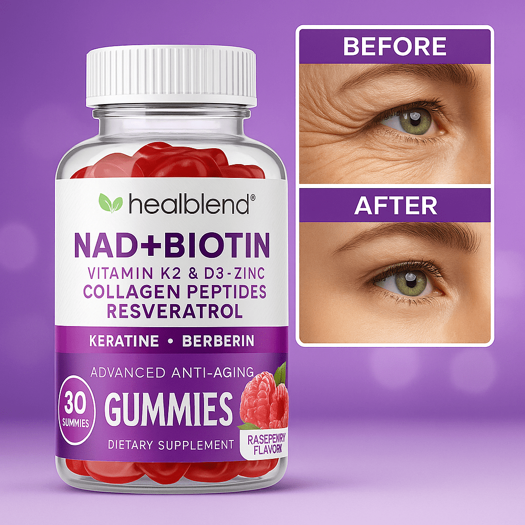Healblend NAD+ Biotin Gummies – Collagen Peptides, Resveratrol, Keratin & Berberine – Anti-Aging Hair, Skin & Nail Support – Vitamin K2 & D3, Zinc – Raspberry Flavor – 60 Gummies