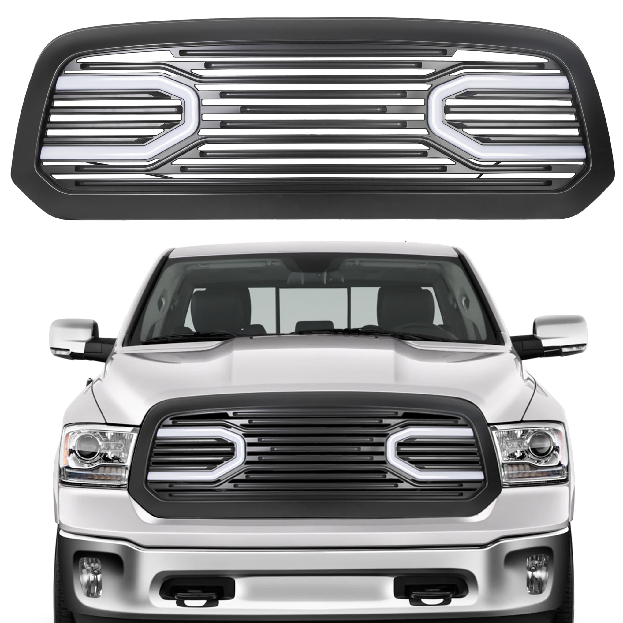 For 2013-2018 Dodge Ram 1500 Black Quad Headlight nb+Matte Big Horn Style Grille 