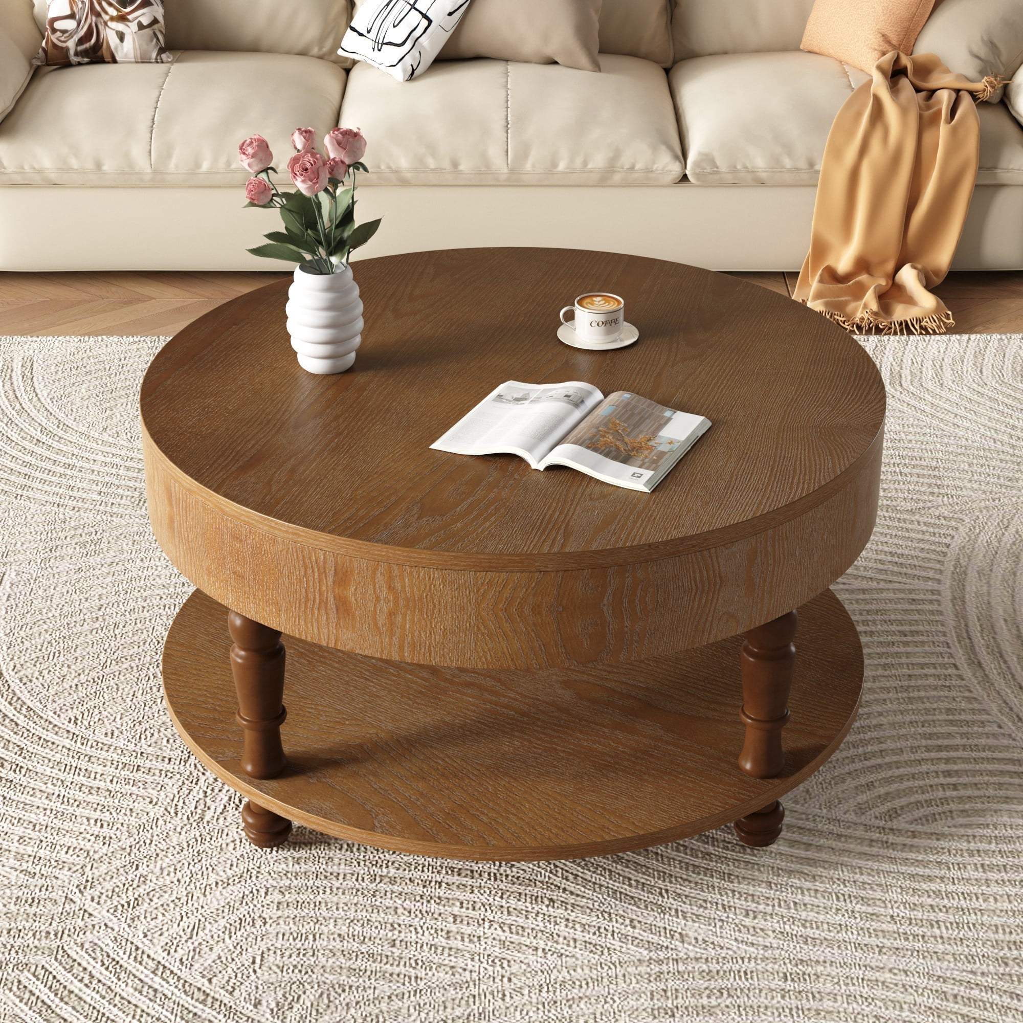 Round Coffee Table with Storage, 31.5" Modern Coffee Table with Hidden Compartment and Shelf, Wood Living Room Center Table, Walnut