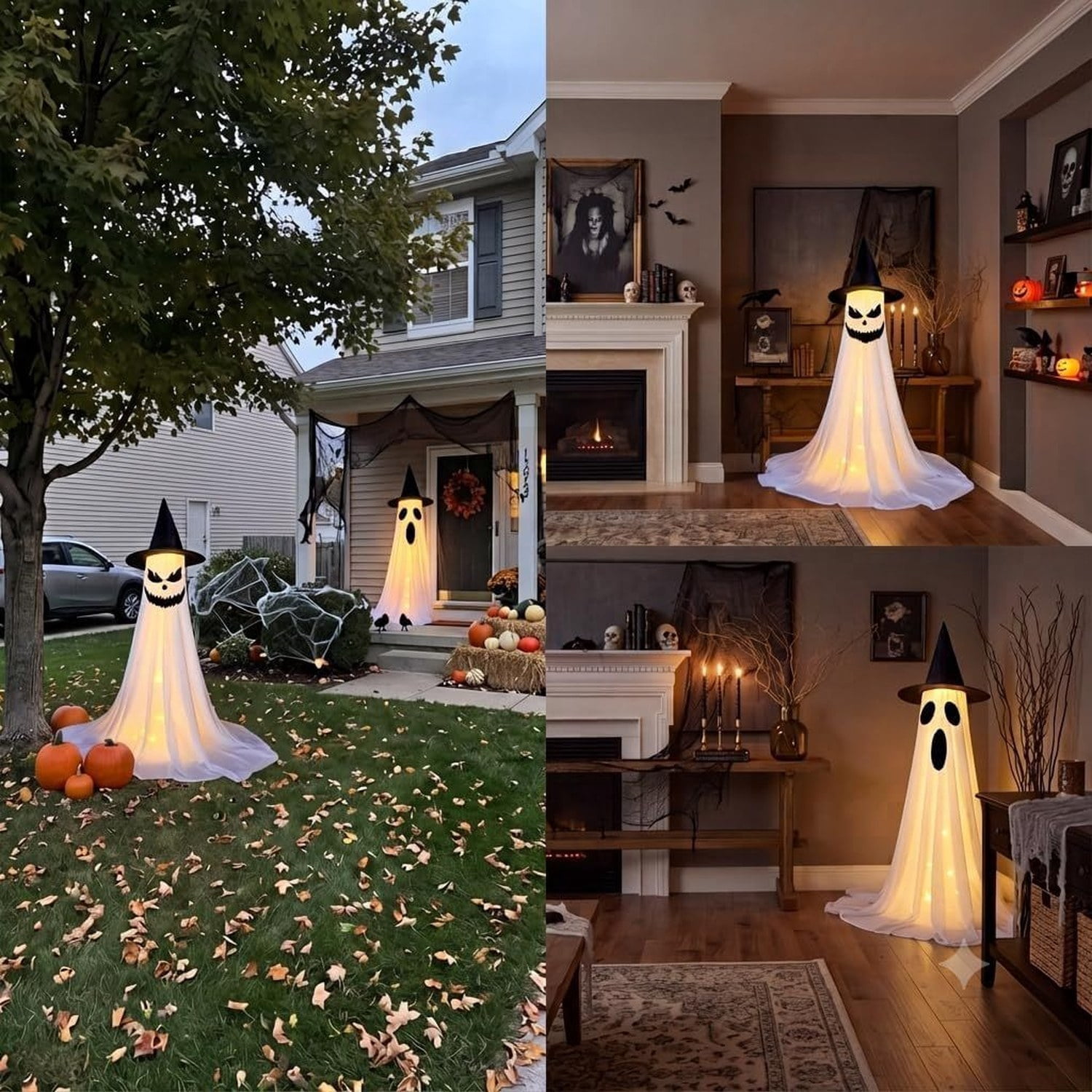 Lighted Halloween Ghost Decoration, 2-Piece Set with Adjustable Height 43-63 in, 6 Lighting Modes, Timer, Remote, Interchangeable Face Stickers, Indoor Outdoor Yard Decor
