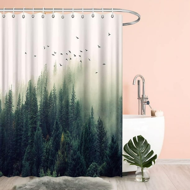 Cortina de ducha de bosque natural, bosque de niebla verde, pino, pájaro de montaña, bosque lluvioso, niebla verde, plantas frescas, abeto, paisaje natural, decoración de baño de poliéster