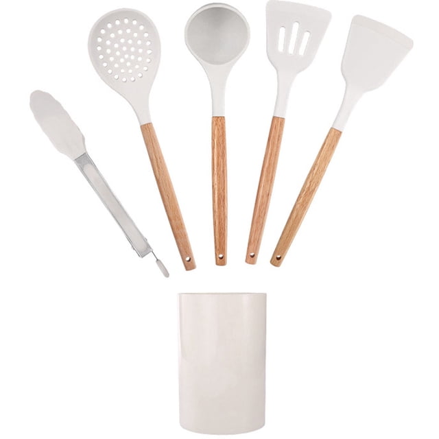 Ensemble de Cuisson en silicone Beige de 5 Pcs - Batterie de Cuisine Antiadhésive et Résistante à la Chaleur - Batterie de Cuisine avec Poignée en Bois - avec Contenant de Rangement