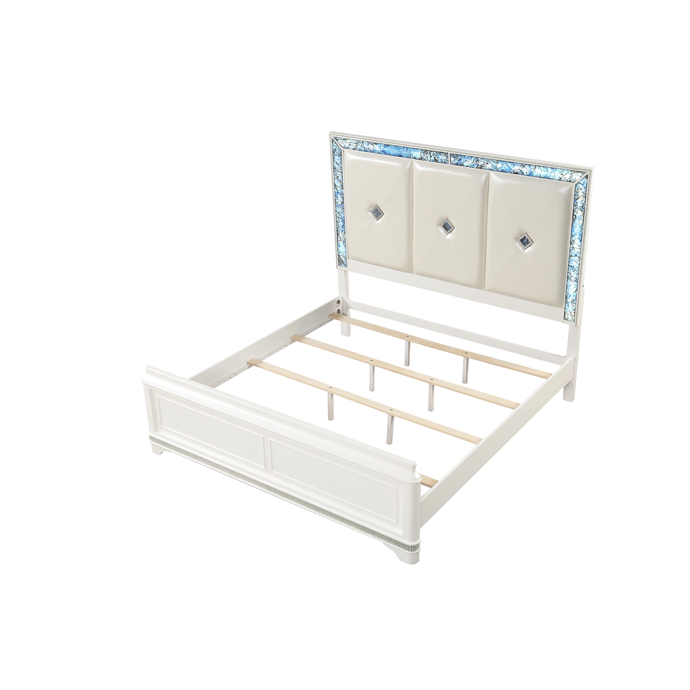 JERFIT White King Size Bed Frame with LED Lights and Upholstered Headboard, Modern Platform Bed with Blue Crystal Marble Accents, Wood Bedroom Furniture