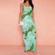 thumbnail image 3 of Vestido Vestido largo con estampado floral Sin espalda Vestido ajustado con tirantes para mujer Traje de vacaciones sexy Kuymtek Verde T L para Mujer, 3 of 6