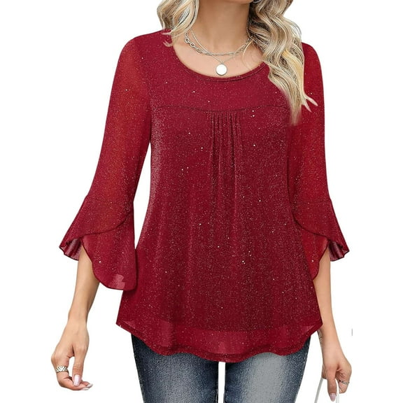 Women'S Ruffle 3/4 Sleeve Elegant Dressy Blouses Crew Neck Double Layers Mesh Tunic Tops Red M