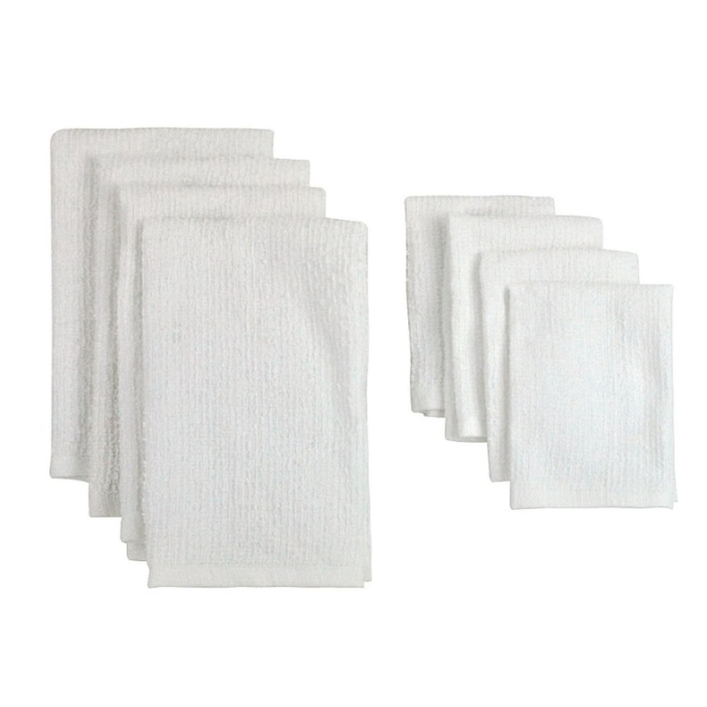Pack of 8 Solid White Dish Towel and Wash Cloth Kitchen Accessory Set
