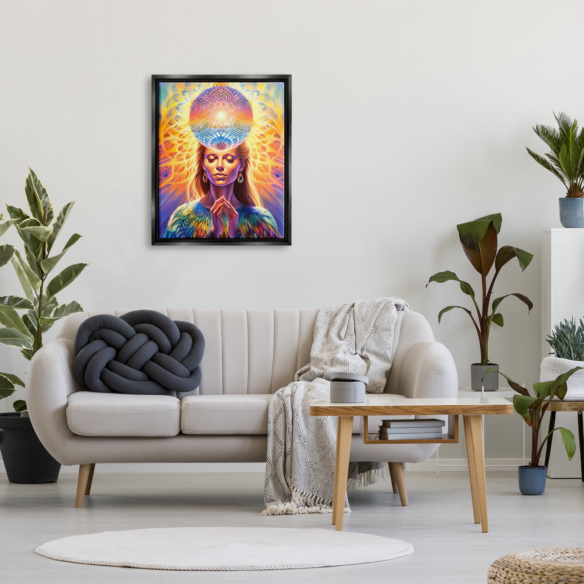 Stupell Industries Chakra Woman Fractals Abstract Painting Black Floater Framed Canvas Art Print Wall Art, 25 x 31