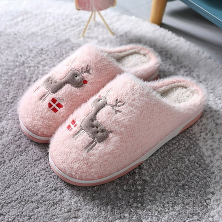 

Christmas Couples Women Slip-On Furry Plush Flat Home Winter Open Toe Keep Warm Slippers Shoes