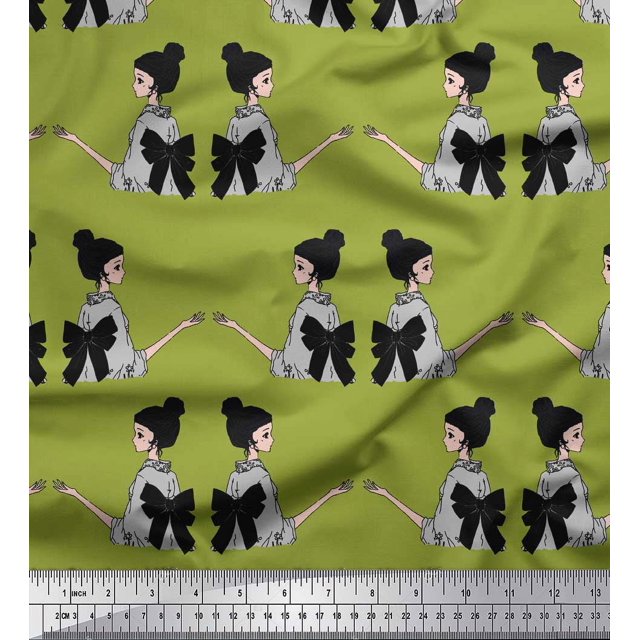 Soimoi Green Poly Georgette Fabric Bow & Chinese Women Print Fabric by the Yard 42 Inch Wide