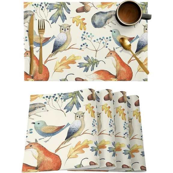 Fall Placemats for Dining Table Set of 6, Autumn Animal Place Mats Owl Bird Fox Leaves Thanksgiving Placemat Washable Harvest Autumn Table Mats for Kitchen Table Holiday Dinner Party Home Decor