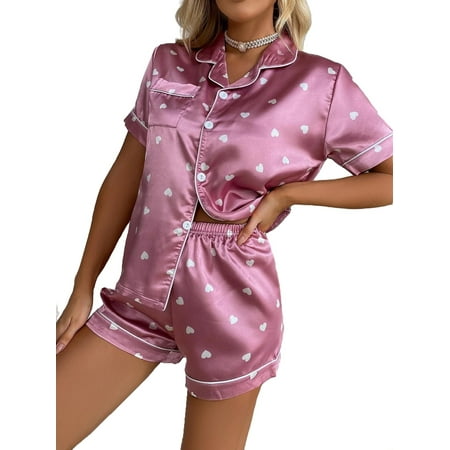 

2pcs Set Elegant Lapel Neck Short Sets Short Sleeve Dusty Pink Women s Pajama Sets (Women s)