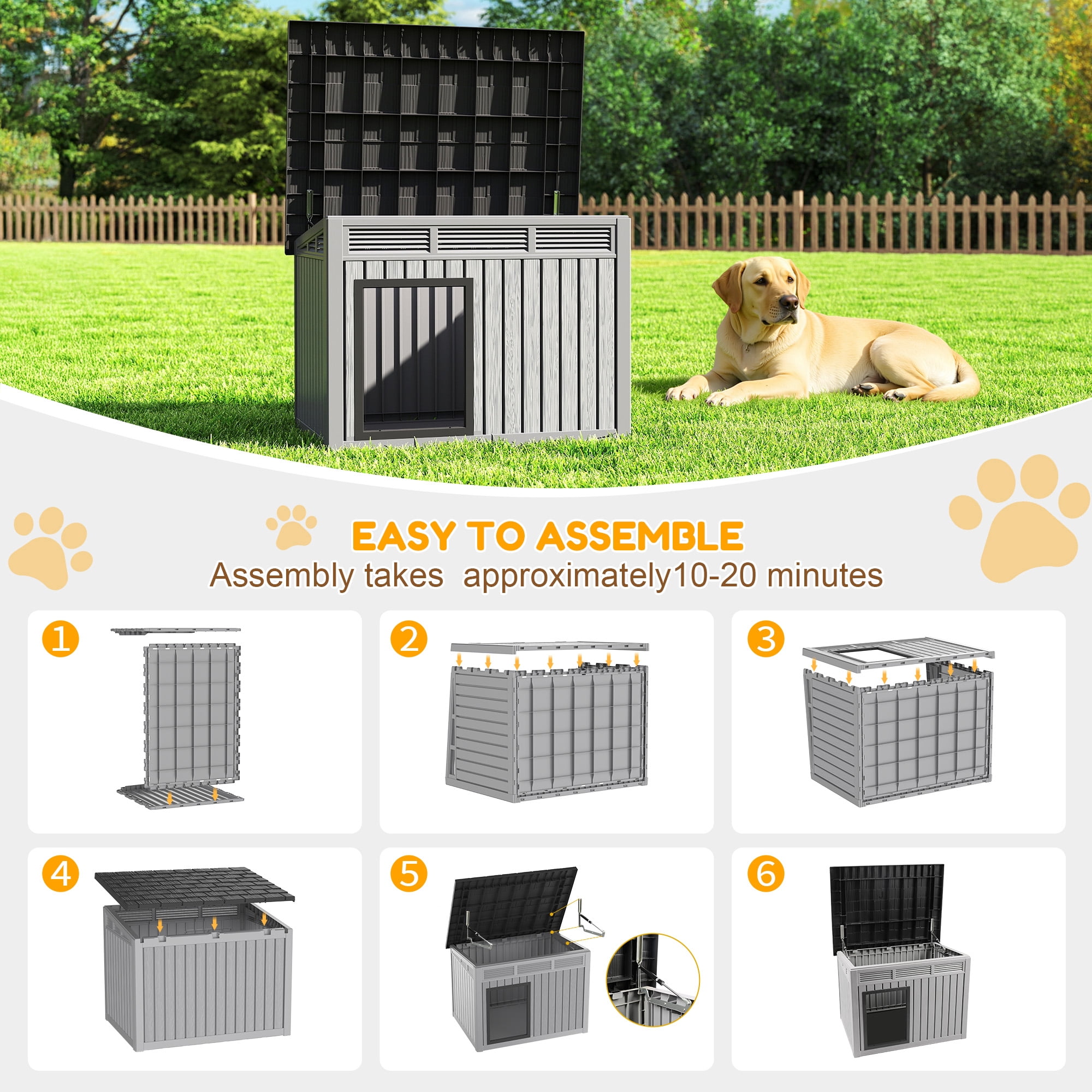 Nihsuao Waterproof Dog House for Medium to Large Dogs, Indoor Outdoor PP Kennel with Ventilated Design & Removable Roof, Easy to Clean, Gray, 42.2"L x 30"W x 31"H