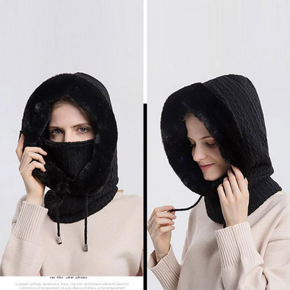 Winter Women Knitted Hood Ski Mask Faux Fur Scarf Neck Warmer Fleece Lined for Outdoor Sports