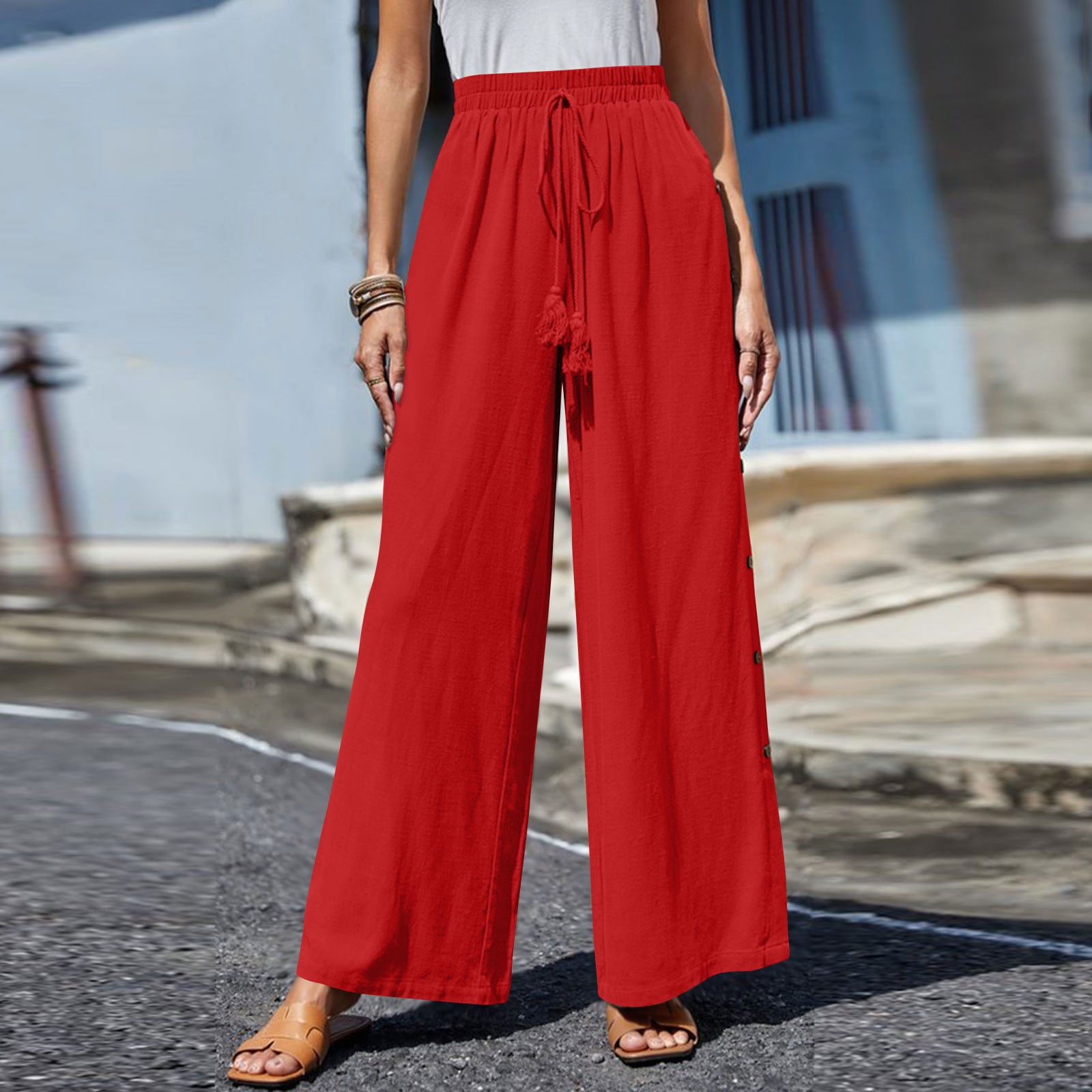 Women's Button Slit Pants Solid High Waist Brreathable Button