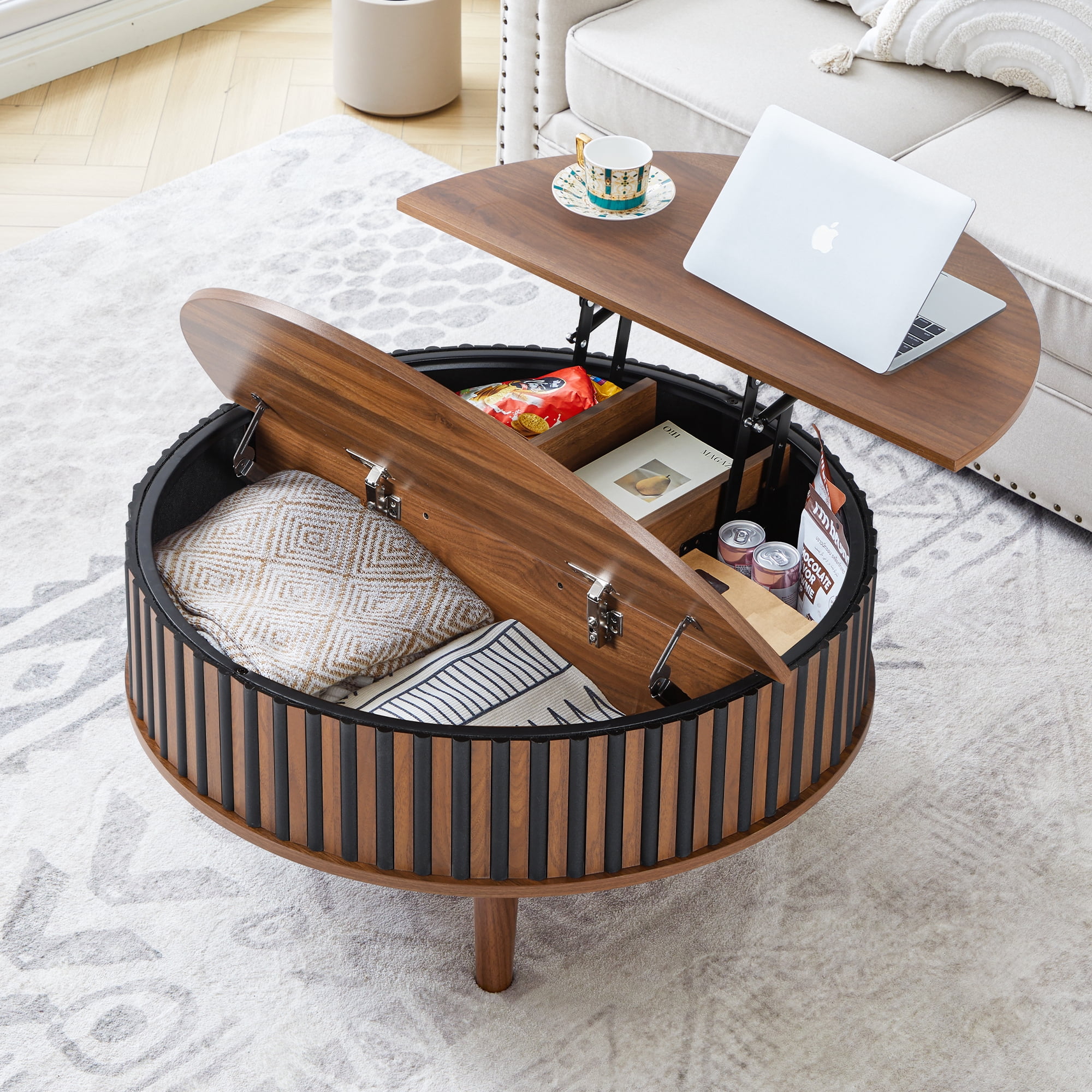 MIYZEAL 31.5" Round Lift Top Coffee Table with Storage, Fluted Mid Century Modern Wooden Center Table with Hidden Compartment, Coffee Table for Living Room, Apartment, Office（Walnut Black）
