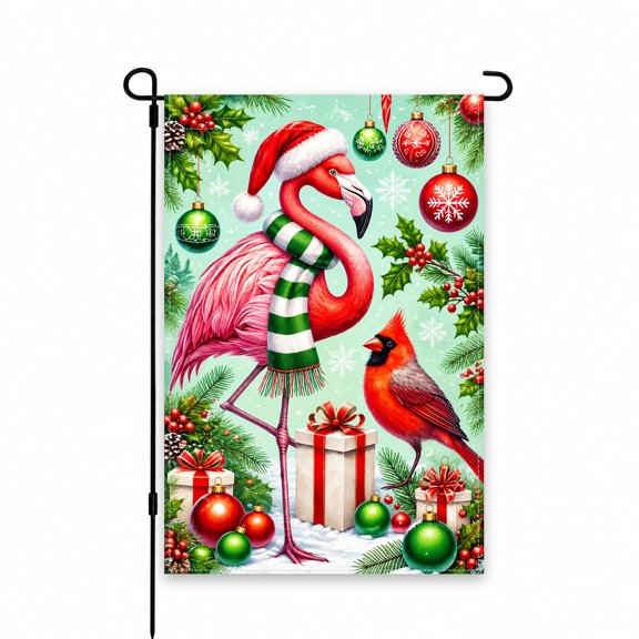 Christmas Flamingo & Cardinal Garden Flag 12x18 Inch, Festive Holiday Outdoor Decor for Yard, Lawn, Patio, Porch, with Gifts, Ornaments & Snowflakes Design