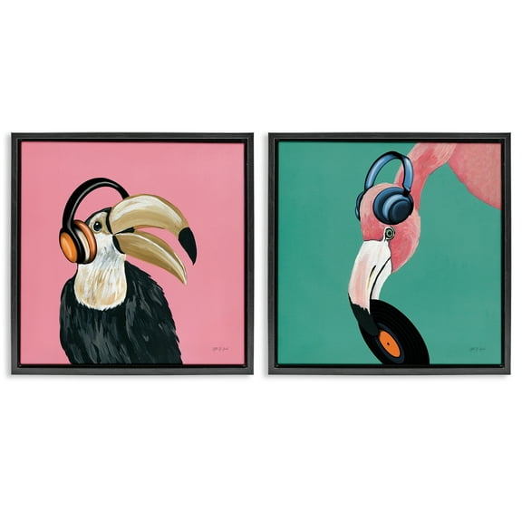 Stupell Industries Toucan and Flamingo Musical Pals Animals Painting Black Floater Framed Canvas Art Print Wall Art, 18 x 18, Set of 2