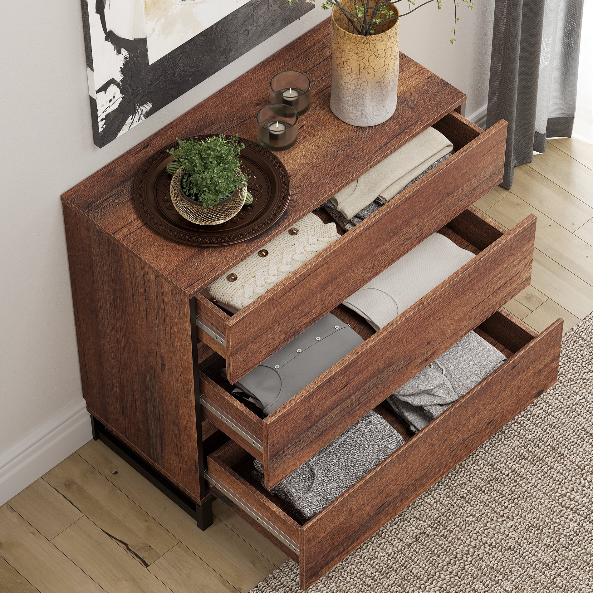 WAMPAT Dresser for Bedroom, Closet Organizers and Storage with 3 Drawers, Chest of Drawers with Metal Base, Modern Wood Dresser for Living Room, Hallway, Entryway, Brown