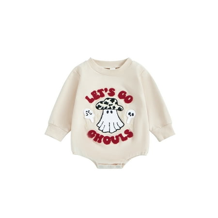 

GuliriFei Infant Baby Girls Halloween Romper Letter Ghost Embroidered Long Sleeve Round Neck Fall Bodysuits Jumpsuits