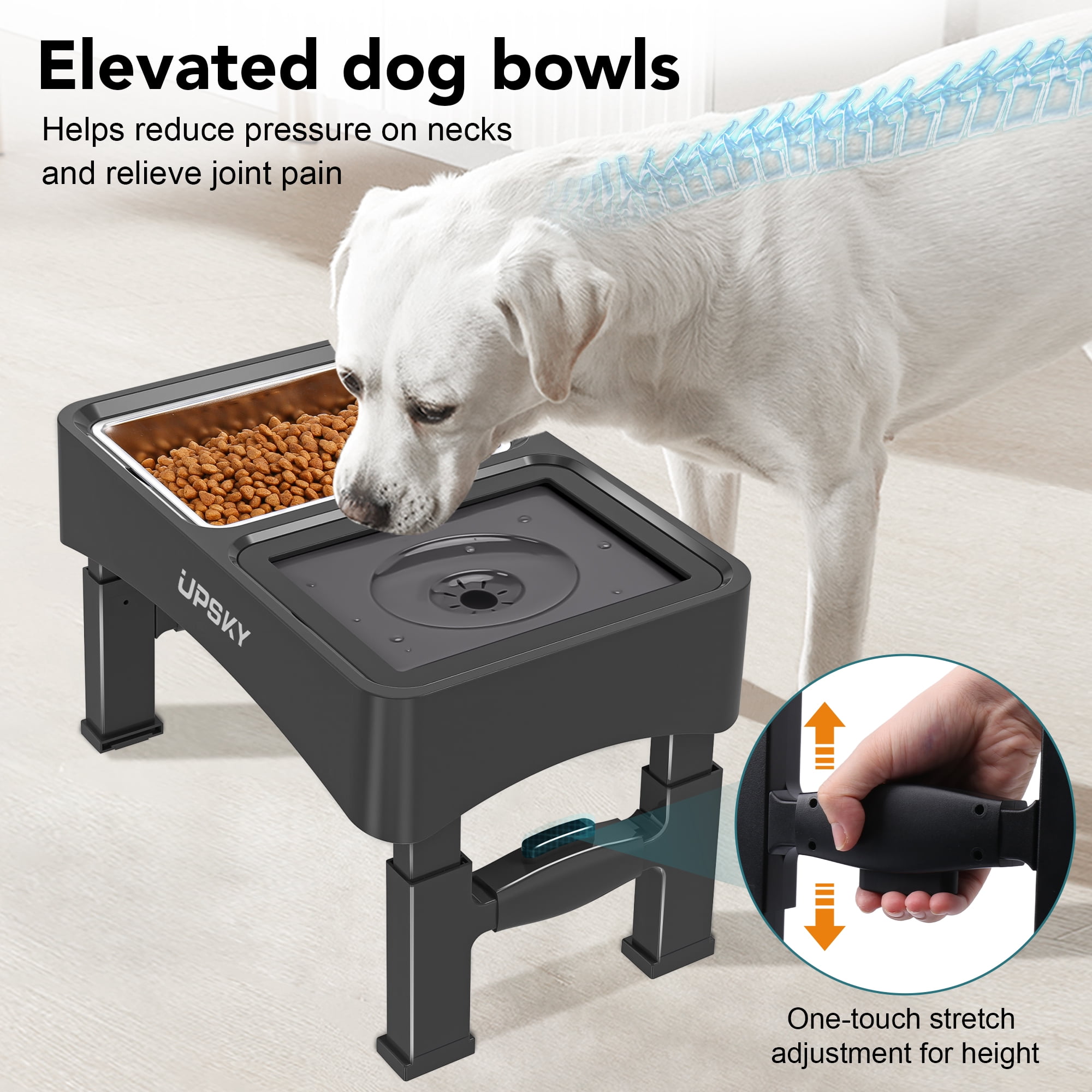 UPSKY 3-in-1 Elevated Dog Bowls Slow Feeder, 4 Height Adjustable Raised Dog Bowl Stand No Spill Dog Water Bowl Dispenser, Stainless Steel Dog Food Bowl and Water Bowl for Small Medium Dogs