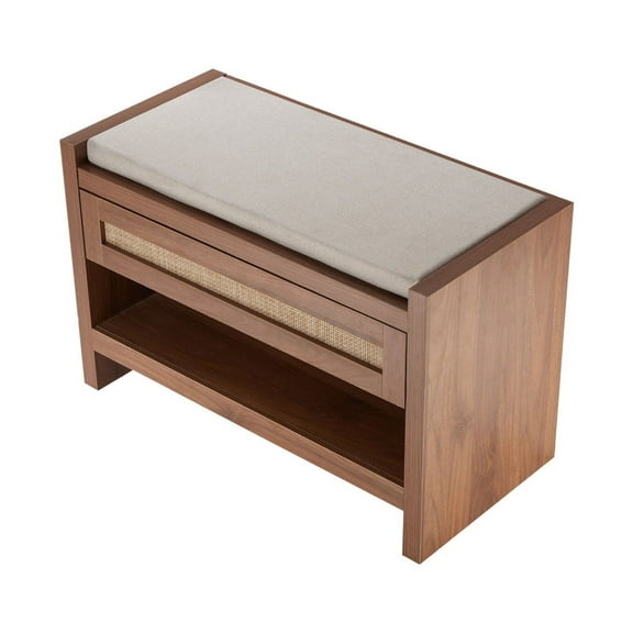 Rattan Bench with Storage, 30.9" Entryway Bench - Linen Cushion , Drawer