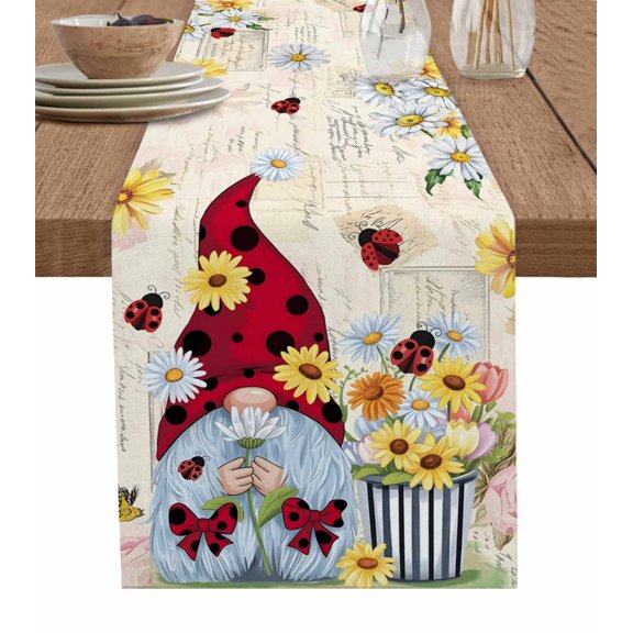 Flowers Gnomes Table Runner 90 Inches, Farmhouse Daisy Widflower Summer Spring Bed Runner Dresser Scarves Tabletop for Indoor Outdoor Parties/Ceremony/Banquet, 13" x 90"