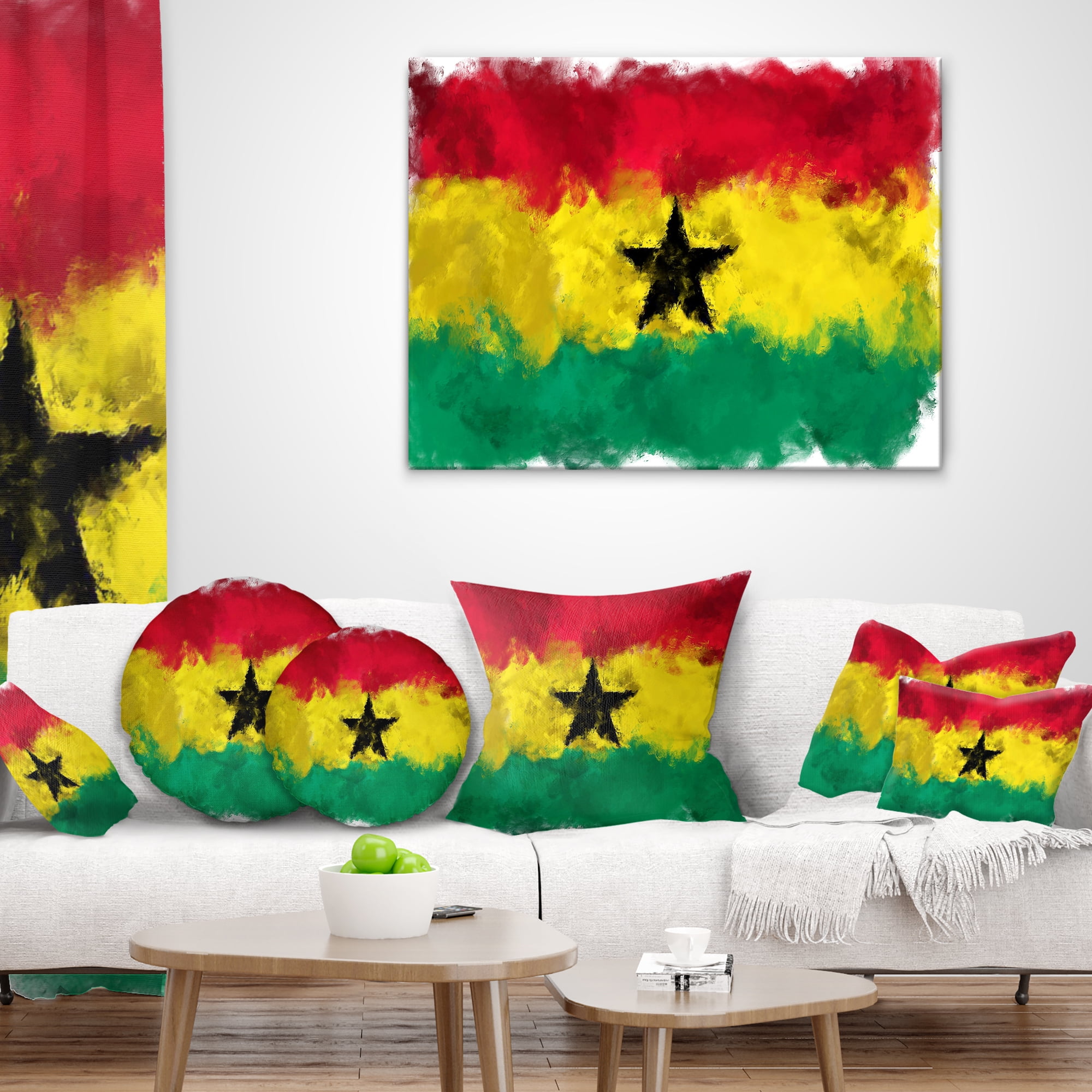 Designart Ghana Flag Illustration - Flag Painting Throw Pillow - 12x20