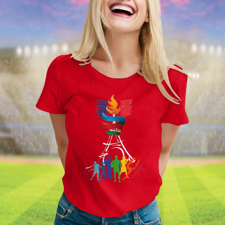 Womens Olympic Games Shirts 2024 Summer Athletic Gym Workout Tops Short Sleeve Round Neck Loose Pullover Basic Graphic Tee Shirt Team USA Olympics Games Shirts Walmart