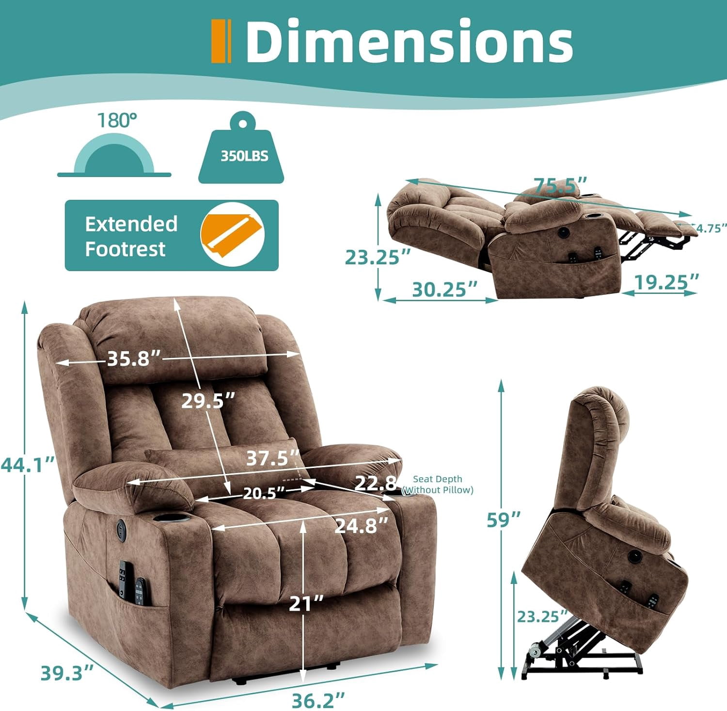 MEETWARM Oversized Dual Motor Lay Flat Power Lift Recliner Chair for Big Man with Heat Massage, Large Sleeping Electric Recliner with Extended Footrest, Lumbar Pillow, USB & Type-C Ports, Plush-Brown