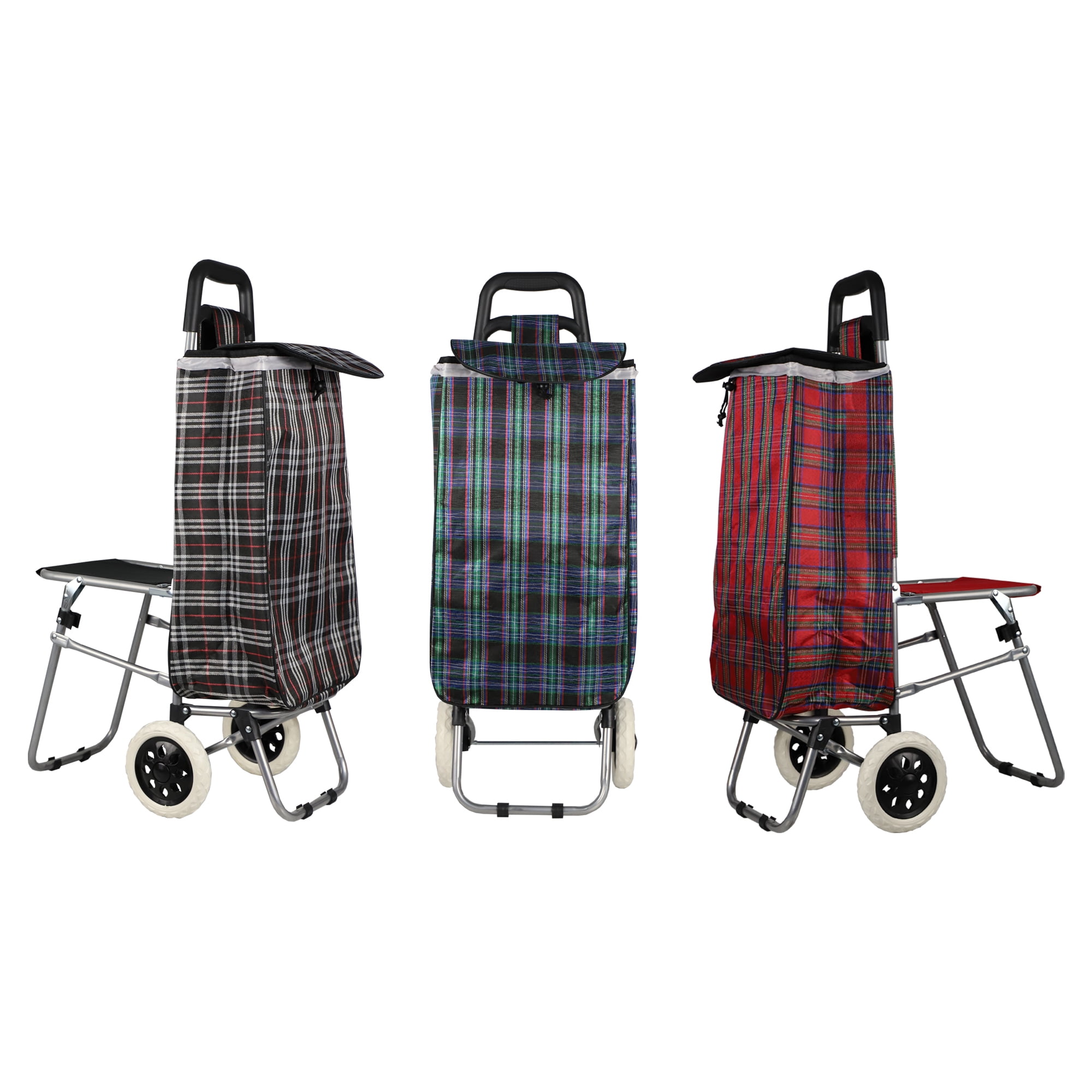 Home Basics Plaid Rolling Shopping Cart with Foldable Builtin Seat