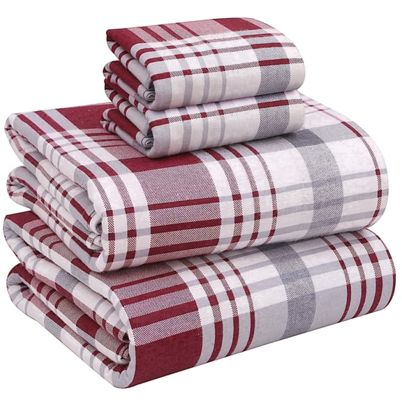 RUVANTI Flannel Sheets Queen Size - 100% Cotton Brushed Bed Sheet Sets - Deep Pockets 16 inches (fits up to 18") - All Seasons Breathable & Super Soft - Warm & Cozy - 4 Pcs - Balance Plaid Maroon
