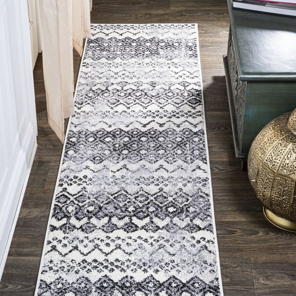 JONATHAN Y MOROCCAN HYPE 2 x 10 Runner Rug, Azmar Moroccan Geometric Distressed - Ivory/Black, MOH504A-210