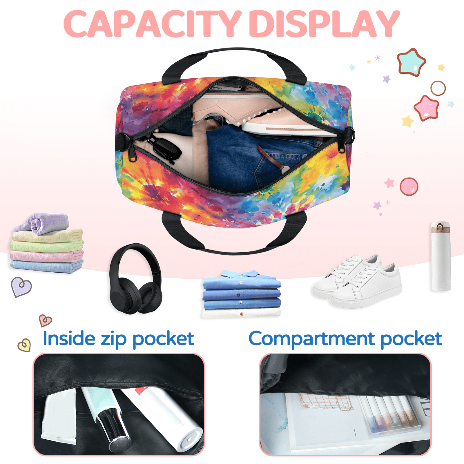 Herdesigns Tie Dye Gym Bag for Women, Duffle Bag for Travel Sport, Colorful Lightweight Waterproof Carry on Weekender Dance Yoga Workout Bags