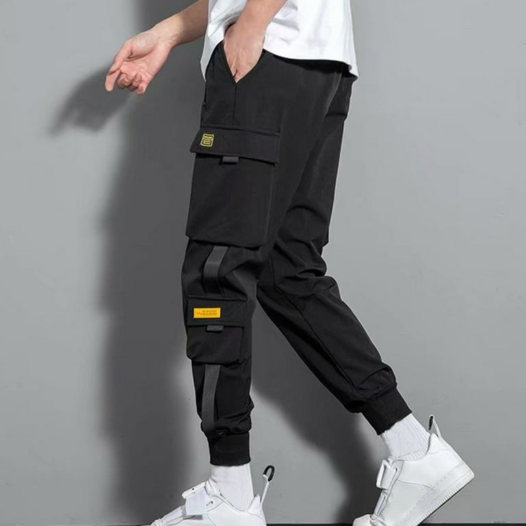 Men Cargo Pants Black Ribbons Block Multi-Pocket Harem Joggers Sweatpant  Hip Hop Casual Male Trousers