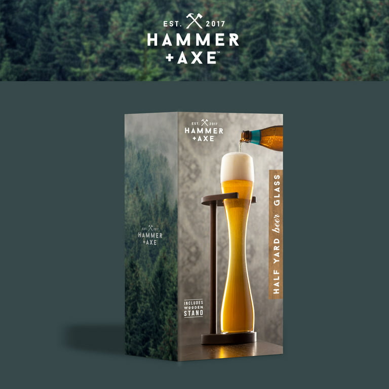 Hammer + Axe Half Yard Beer Glass With Wooden Stand, Big Tall Pint Cup 