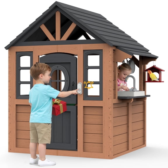 COCLUB Kids Outdoor Playhouse, Wooden Playhouse with Play Kitchen, Working Doorbell, Bird Cage, Pet Door, Backyard Casa de CampañA Para NiñOs Country Style