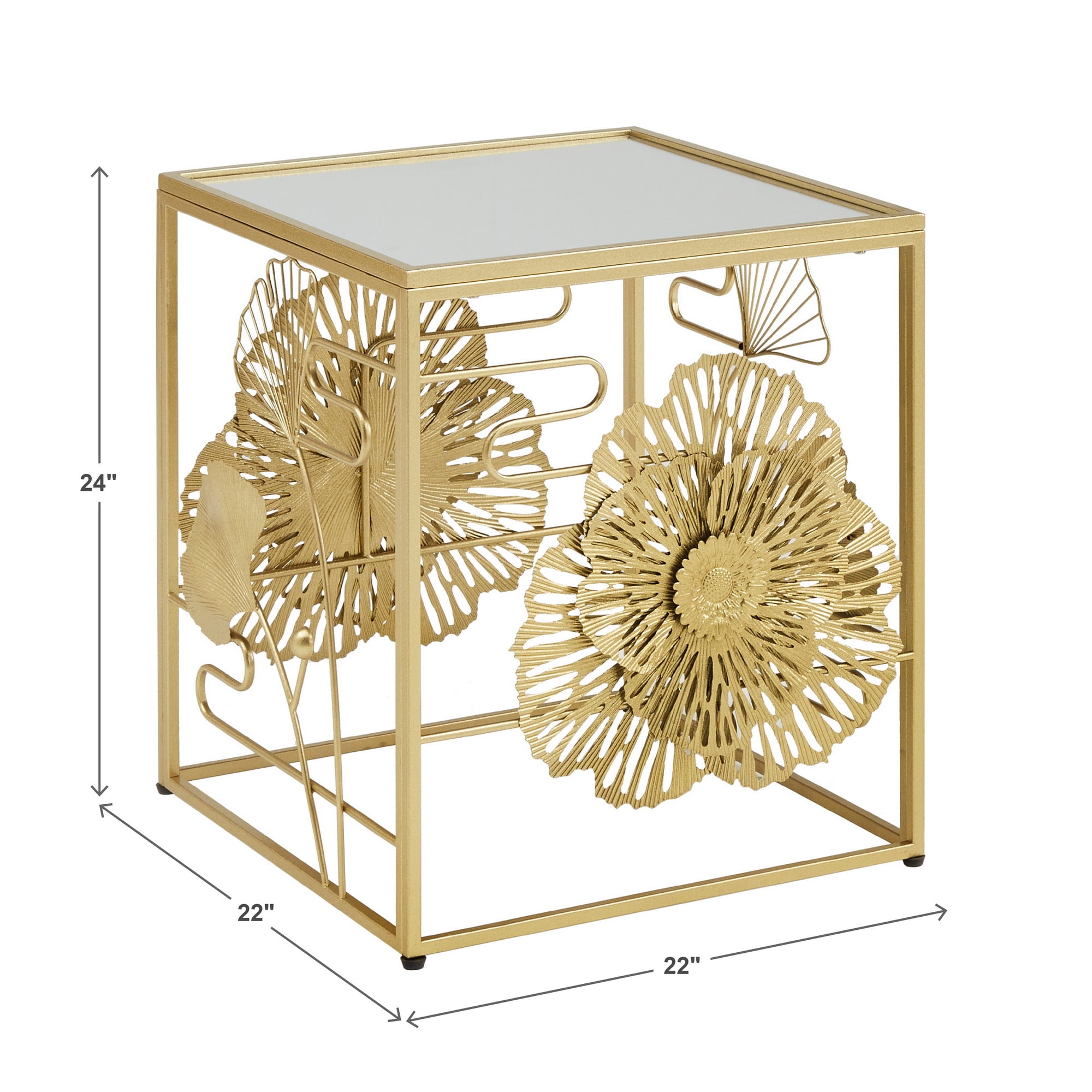 Weston Home Ditmas Gold Finish Peony and Ginkgo End Table with Mirror Top