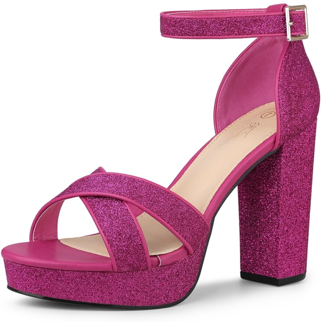 Sandalias de tacón grueso con tiras cruzadas y plataforma brillante para mujer Rosa caliente 38.5