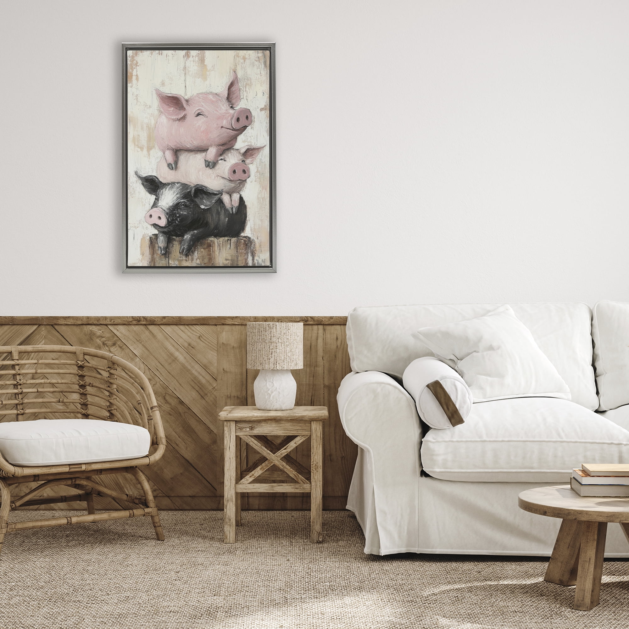 Stupell Industries Pig & Piglet Pile Gray Framed Floater Canvas Wall Art, design by Tina LeCour