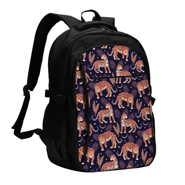 Balery Leopard Print Mochila con carga USB para hombre y mujer - Mochila impermeable y antirrobo para portátil con puerto USB para viajes, trabajo, estudios y universidad