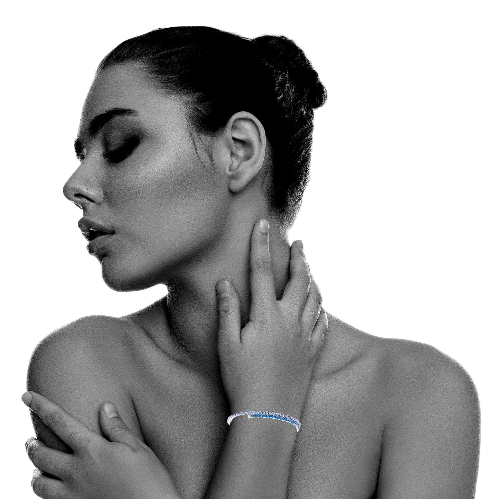 X & O Women's Double Row Silver Plated Flex Bangle with Sapphire and Aurora Crystals